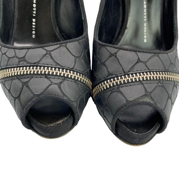 Giuseppe Zanotti Black Snakeskin Peep Toe Heels, Size 8, Zipper Detail Pumps - Picture 9 of 10